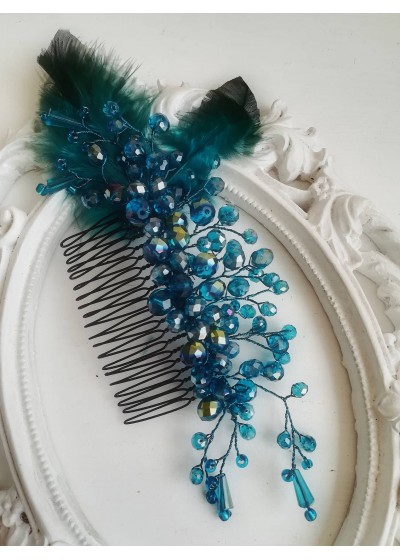 Гребен за абитуриентска прическа с кристали Сваровски модел Turquoise Bird by Rosie